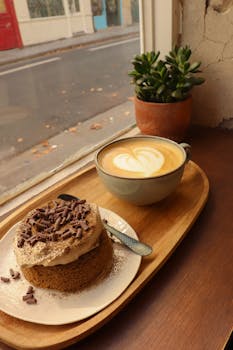 Delicious cappuccino and chocolate cake at a cozy Parisian café window.