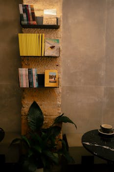 Warm and inviting book shelf setup in a Paris café with stylish interior decor.