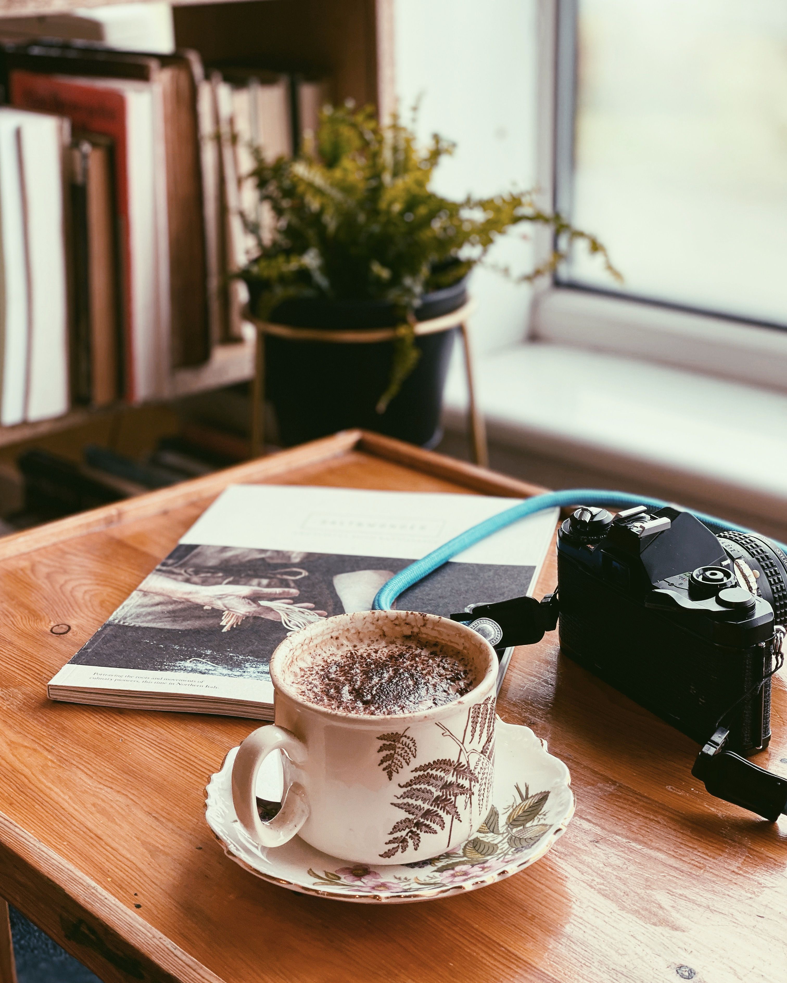A coffee cup, vintage camera, and open book on a wooden table with a plant in a cozy room.