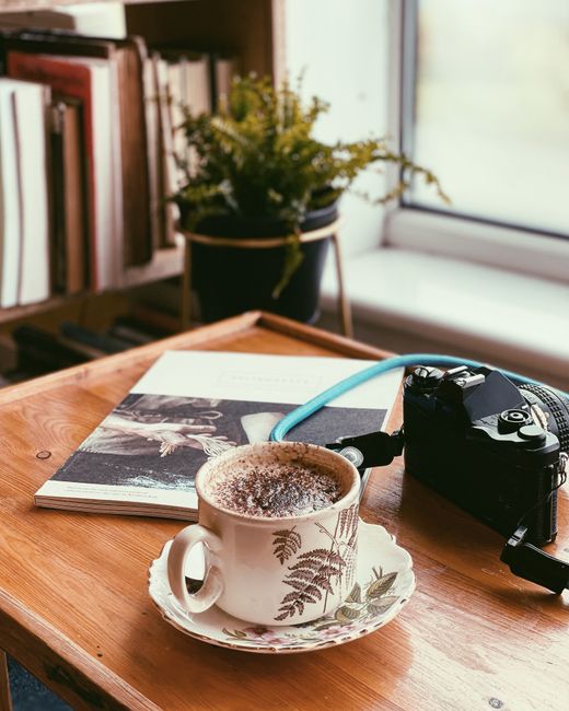 A coffee cup, vintage camera, and open book on a wooden table with a plant in a cozy room.