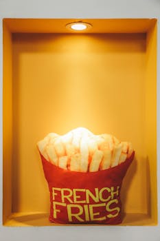 A vibrant French fries pillow under a spotlight in a yellow niche.