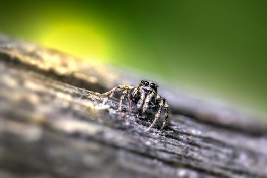 Macro shot of a jumping spider on a wooden surface with blurred green background.