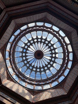 Intricate geometric patterns on the Morisco Kiosk dome in Mexico City.