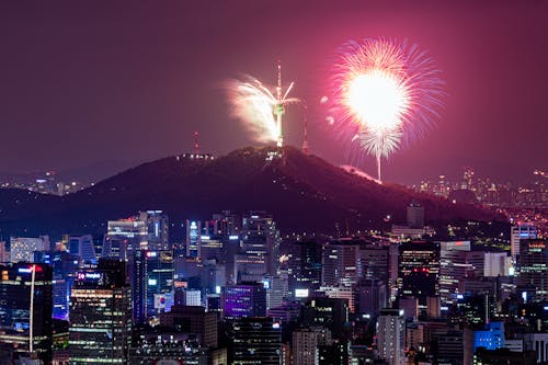 Fireworks over Mountain at Night