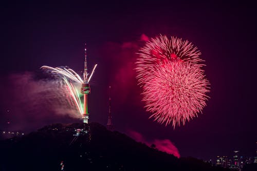 Red Firework over Mountain in Seoul