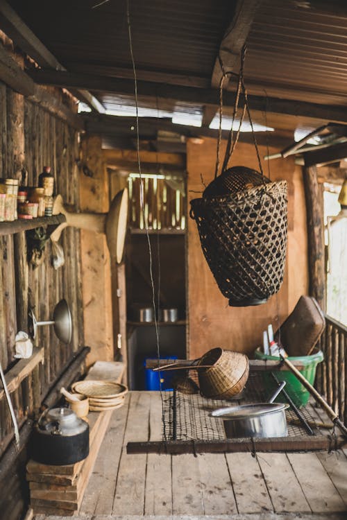 An Old Building With Wooden Rural Tools