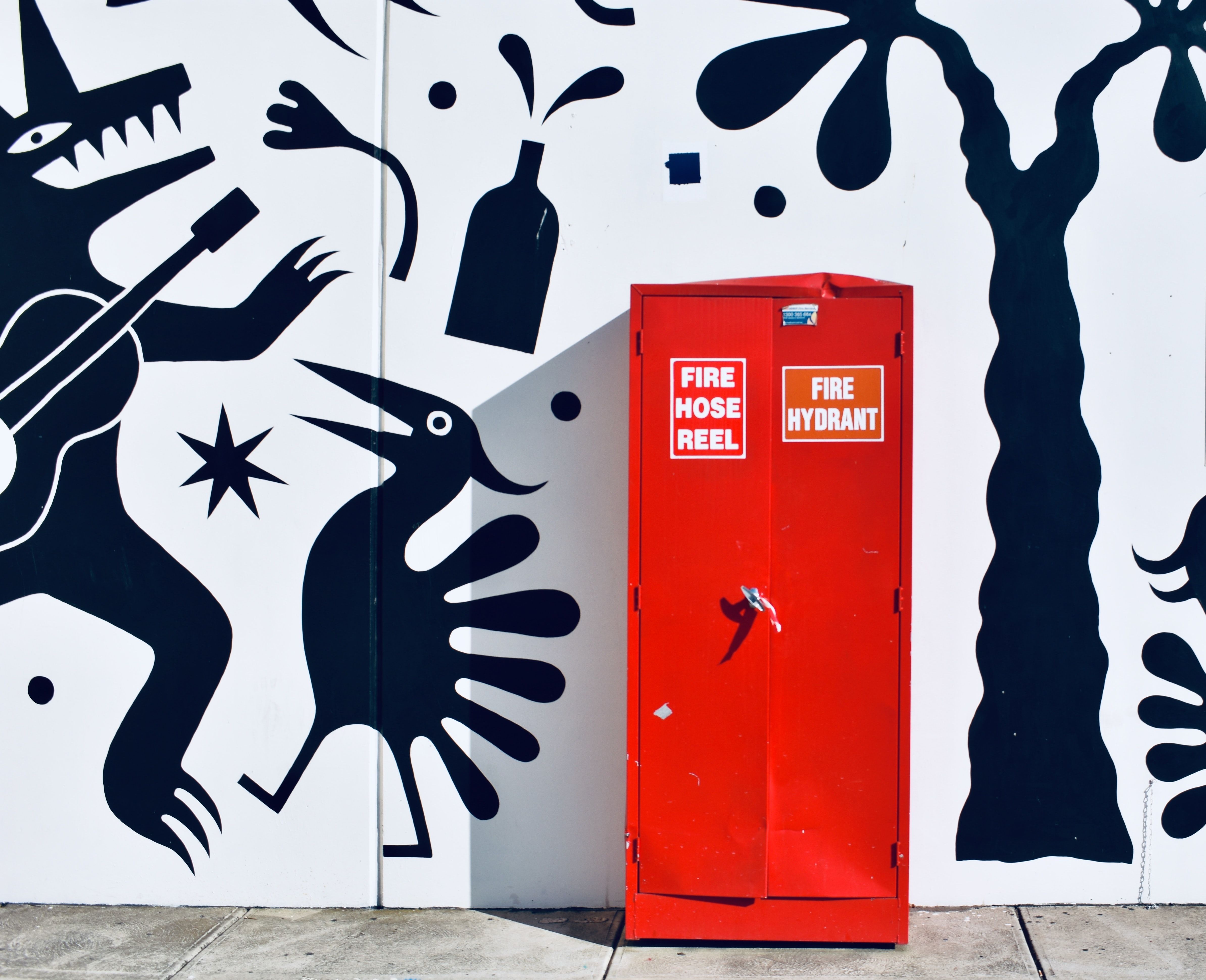 Red fire hose reel locker set against a striking black and white mural.