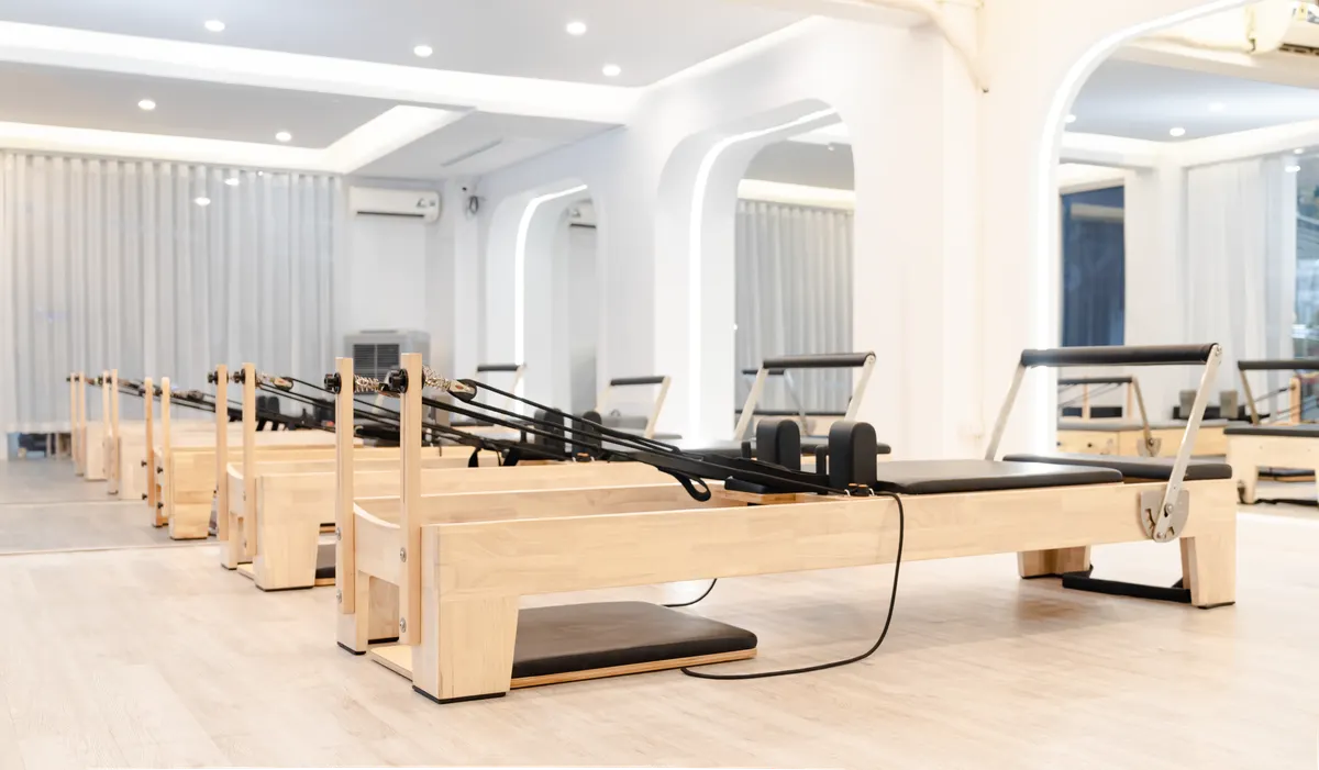 Close-up of reformer springs and footbar hardware