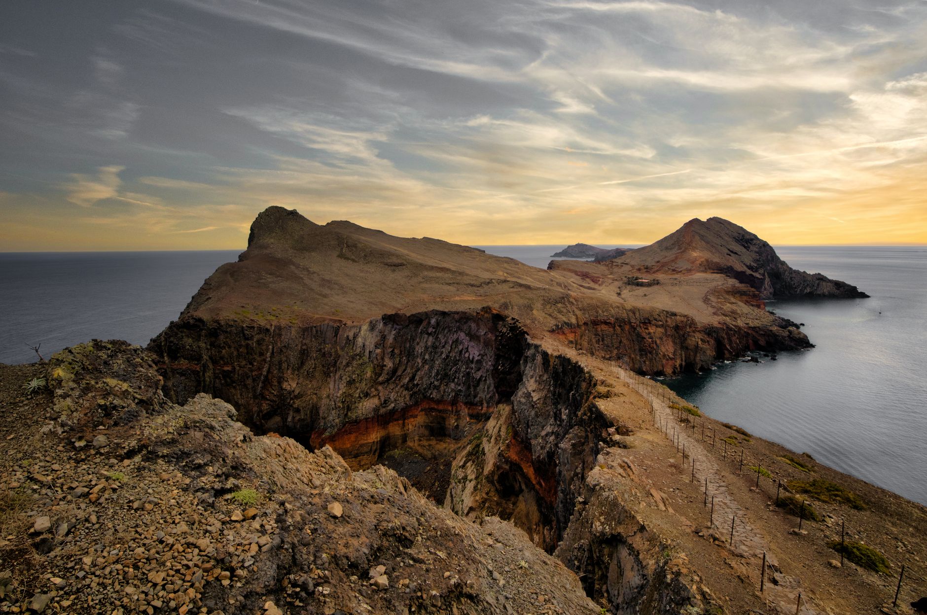 Madeira's rugged coastline with steep sea cliffs at sunset