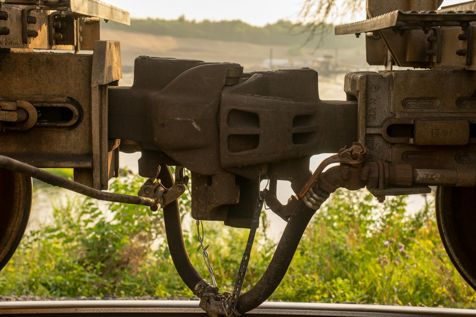 Detailed view of train coupling mechanism at Reads Landing, Minnesota.