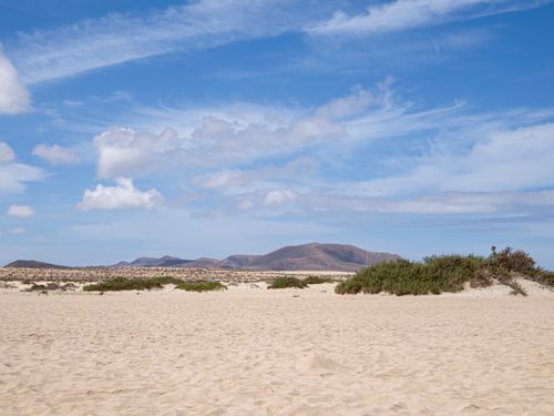 Free A tranquil desert landscape under a bright blue sky, featuring distant mountains and sparse vegetation. Stock Photo