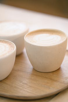 Close-up of elegant coffee cups with foam art, perfect morning vibe.