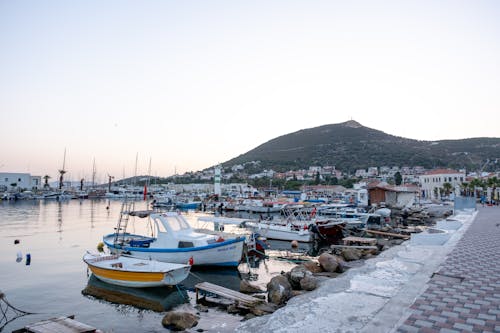 View of Boats Moored in the Harbor at Sunset 