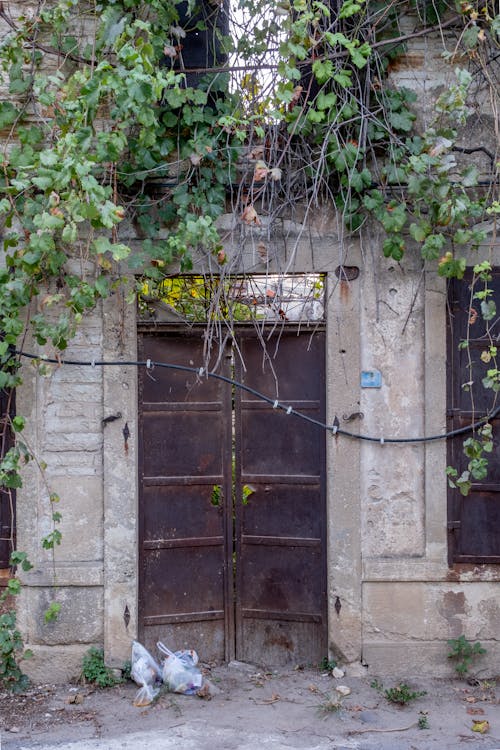 Rusty Metal Doorway in a Wall Overgrown with Plants 