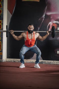 Muscular athlete performing squat exercise in a gym setting.