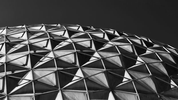 Close-up black and white photo of geometric dome architecture in Amsterdam.