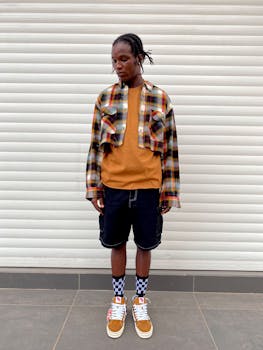 Stylish young man in a plaid jacket and shorts, showcasing contemporary street style fashion against a white background.