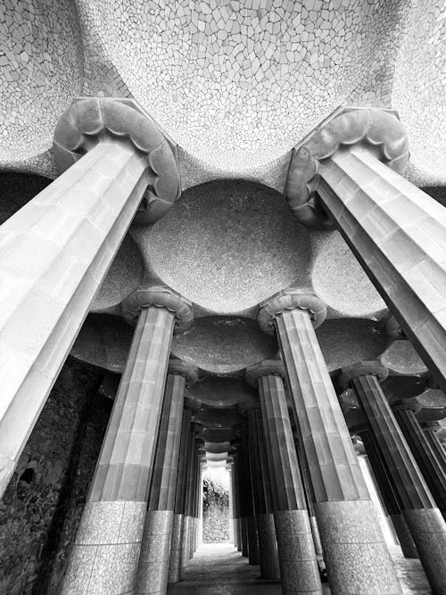 Colonnades in Park Guell in Barcelona in Black and White