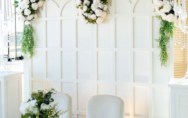Chic wedding setup featuring lush floral arch and elegant seating for intimate gatherings.