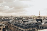 在多云的天空下，可以欣赏到标志性的埃菲尔铁塔和巴黎屋顶的全景