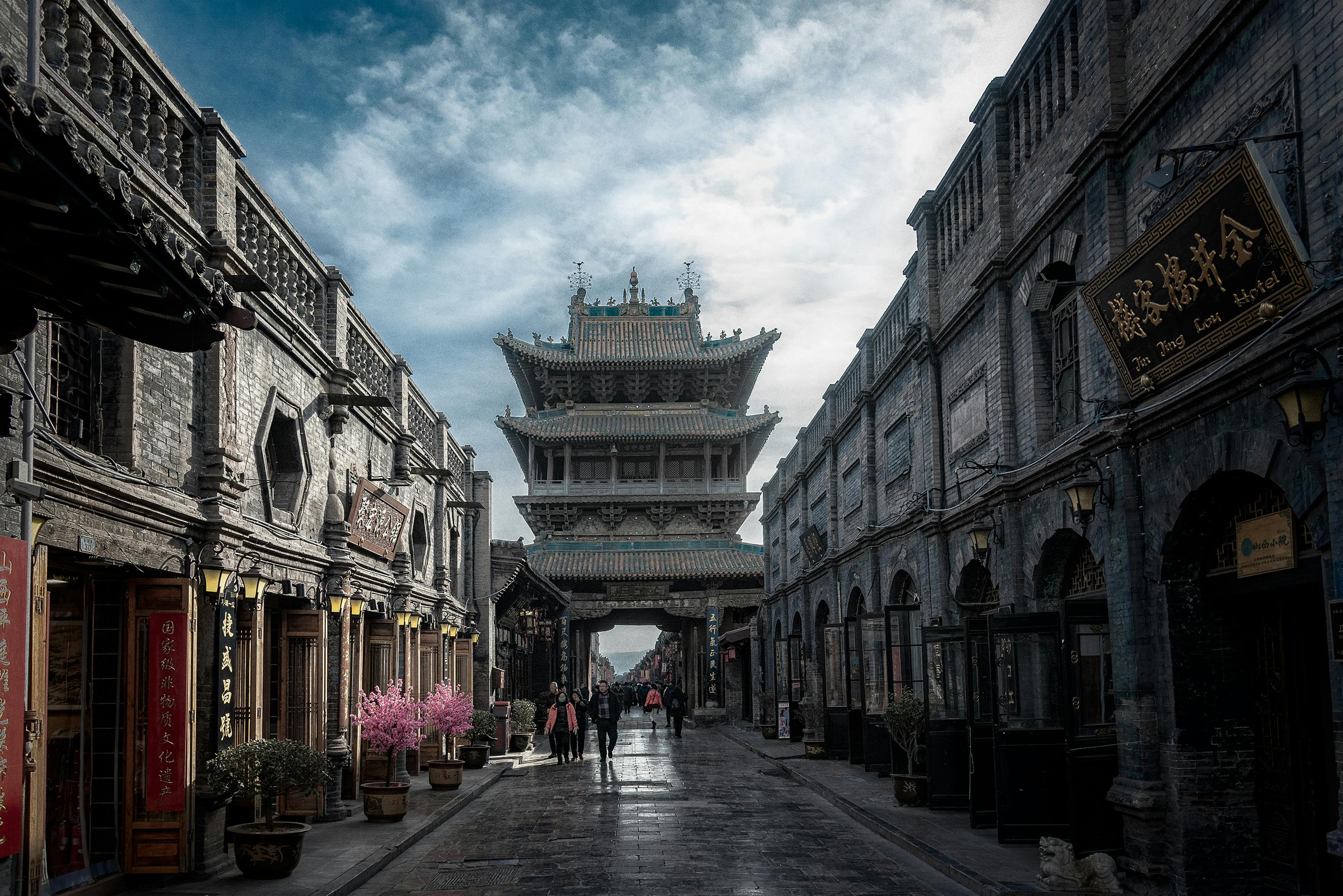 Scenic view of ancient architecture and street in historic Pingyao, China. - Pingyao