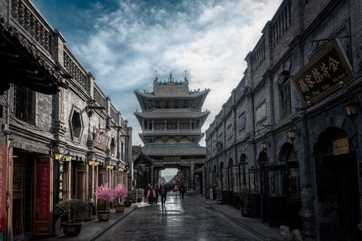 Scenic view of ancient architecture and street in historic Pingyao, China.