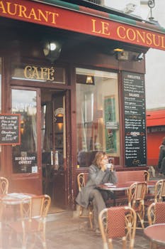 A woman relaxes with coffee at a quaint Parisian café with outdoor seating.