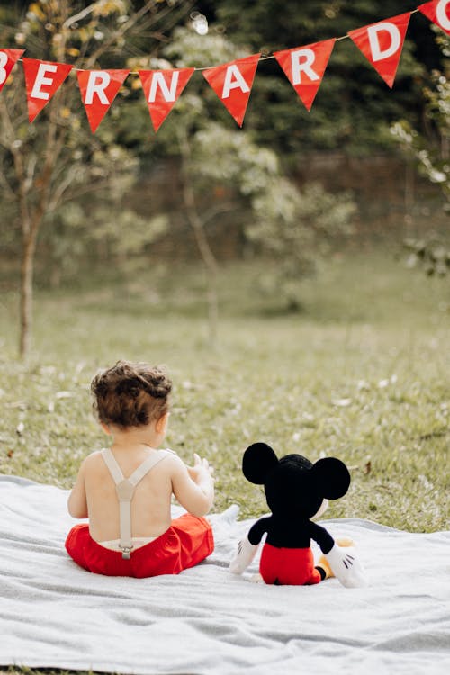 Free Back View of a Baby and a Cuddly Toy Sitting on a Blanket Outside  Stock Photo