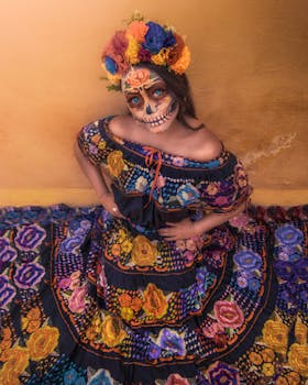 Mexican woman in vibrant floral dress with skull makeup for Dia de los Muertos.