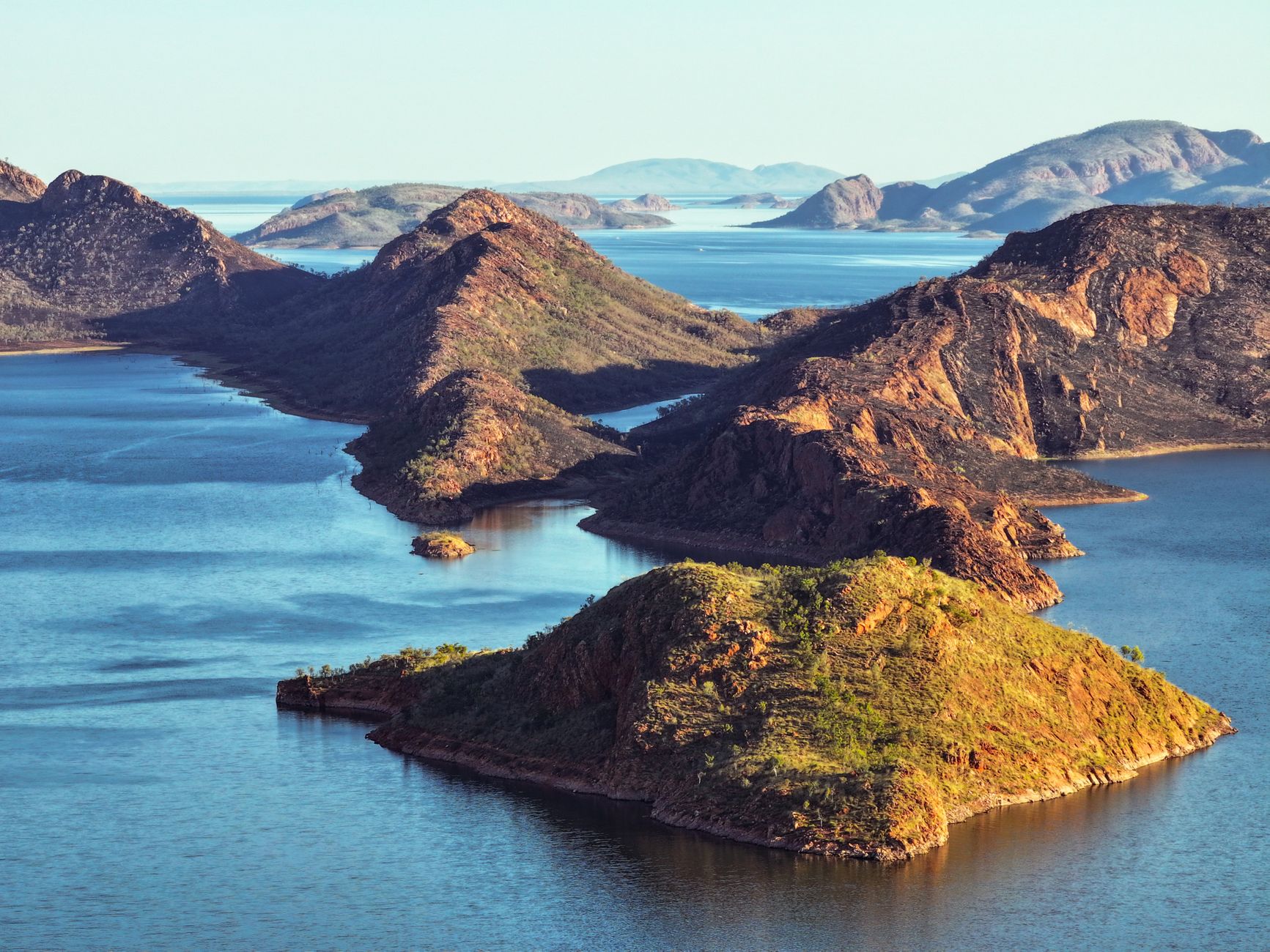 Stunning aerial view of Lake Argyle's islands and landscape in Western Australia.