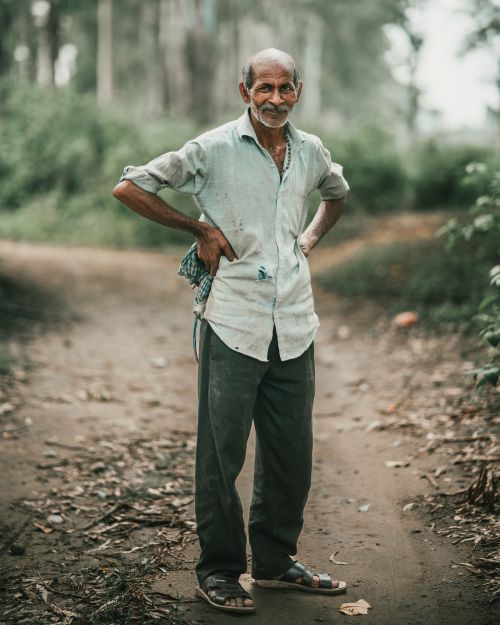 Free Bald man stands confidently on a forest path with hands on hips, showcasing rural lifestyle. Stock Photo