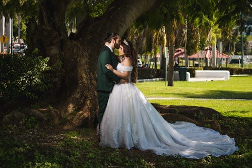 Newlyweds Kissing by Tree in Park