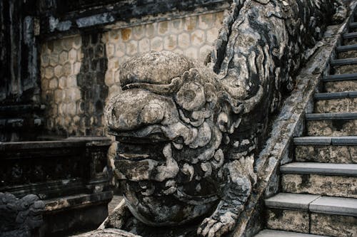 Close-up of Carved Details on the Historical Buildings at the Tu Hieu Pagoda in Hue, Vietnam