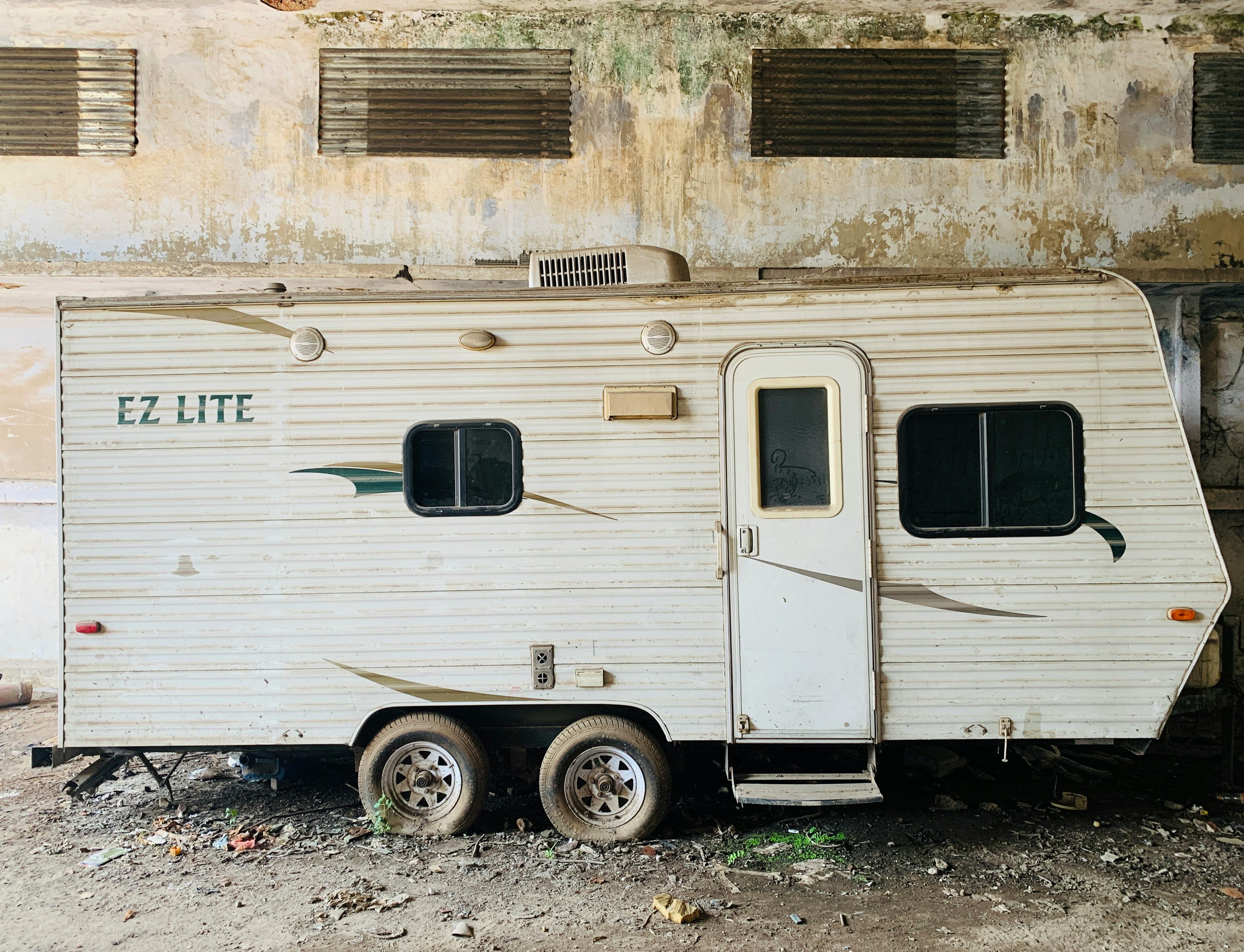 Modern travel trailer interior with customized cabinet doors