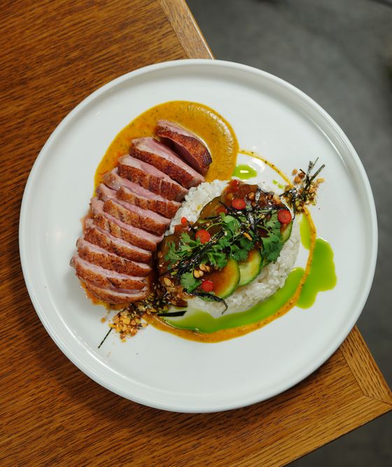 Sliced duck breast with red curry sauce, jasmine rice, cucumber chili salad, peanuts and herb oil