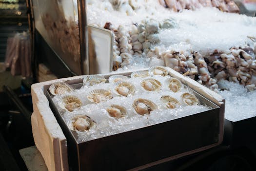 A vibrant seafood market display featuring fresh scallops on ice, capturing the essence of Bangkok's culinary scene.