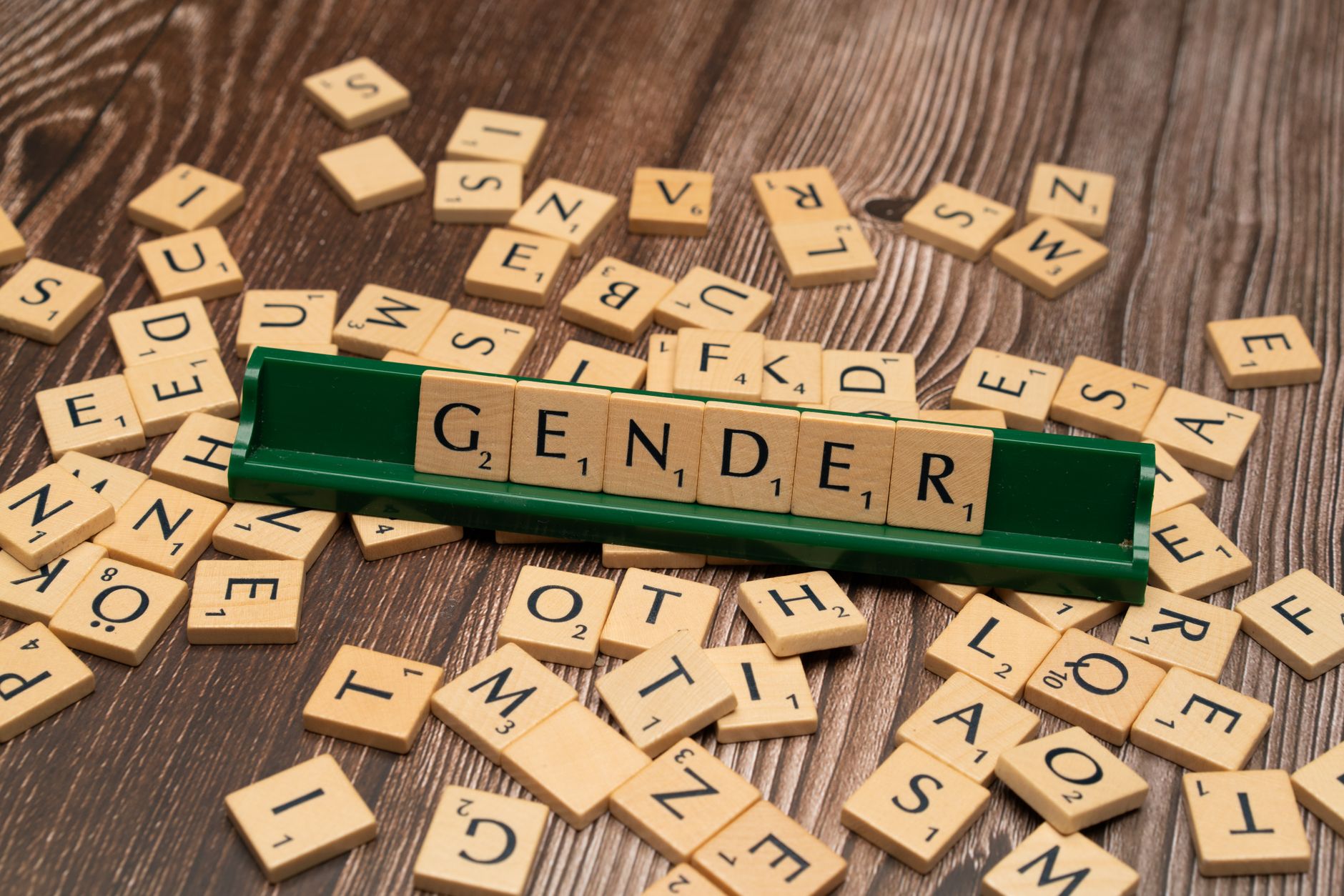 Wooden letter tiles spelling 'gender' on a game board, highlighting gender concepts.