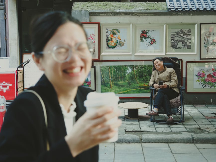 Happy tourist interacting with locals in China