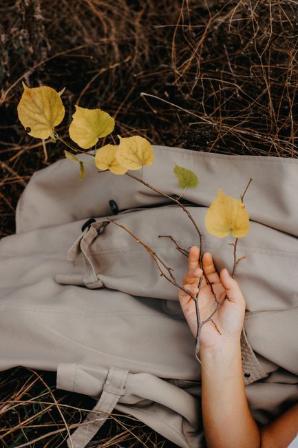 Close-up of a hand holding autumn leaves on a beige backpack outdoors, capturing the fall mood.