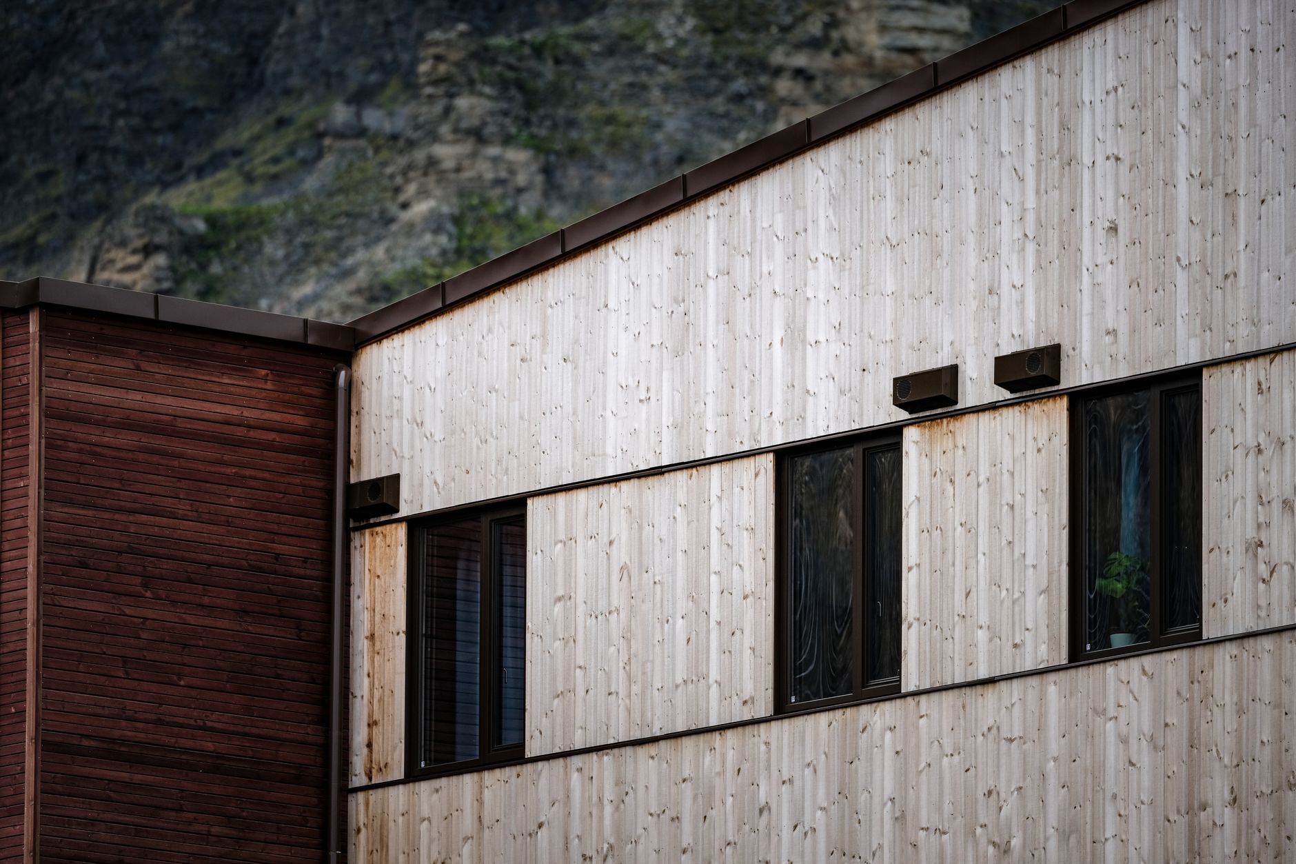 A close-up of a modern rustic wooden facade with windows, blending natural wood tones beautifully.