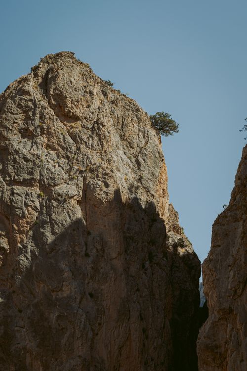 Free Stunning view of a towering rocky cliff with a lone tree under a clear sky. Stock Photo
