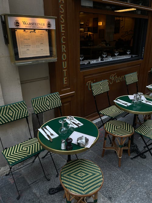 Green Tables and Chairs by Restaurant Wall