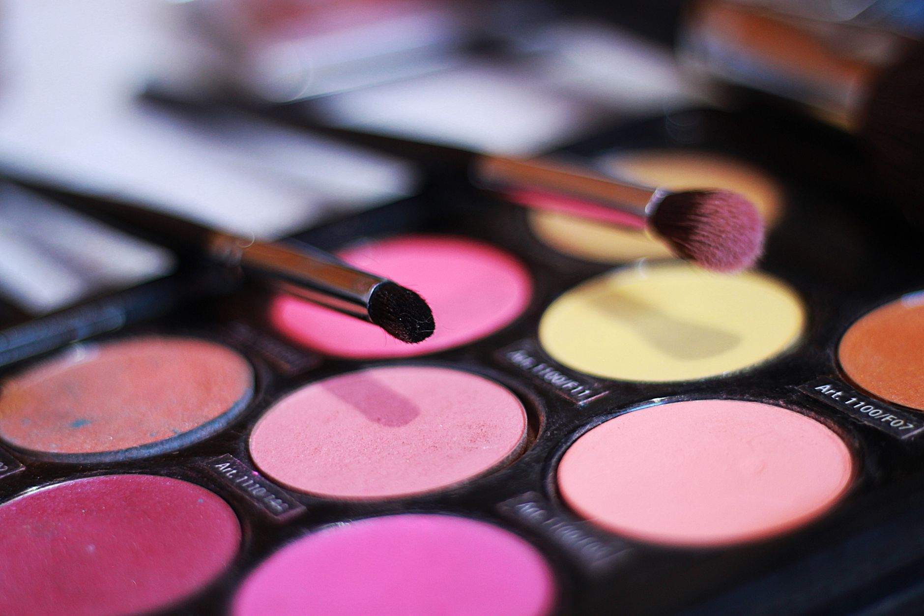 Colorful makeup palette and soft brushes captured for beauty and fashion use.