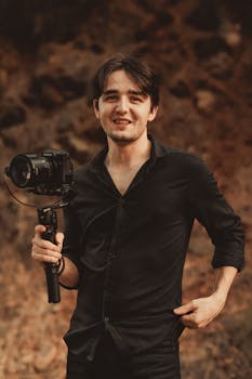 Young male photographer outdoors holding a gimbal. Capturing creativity with professional camera equipment.