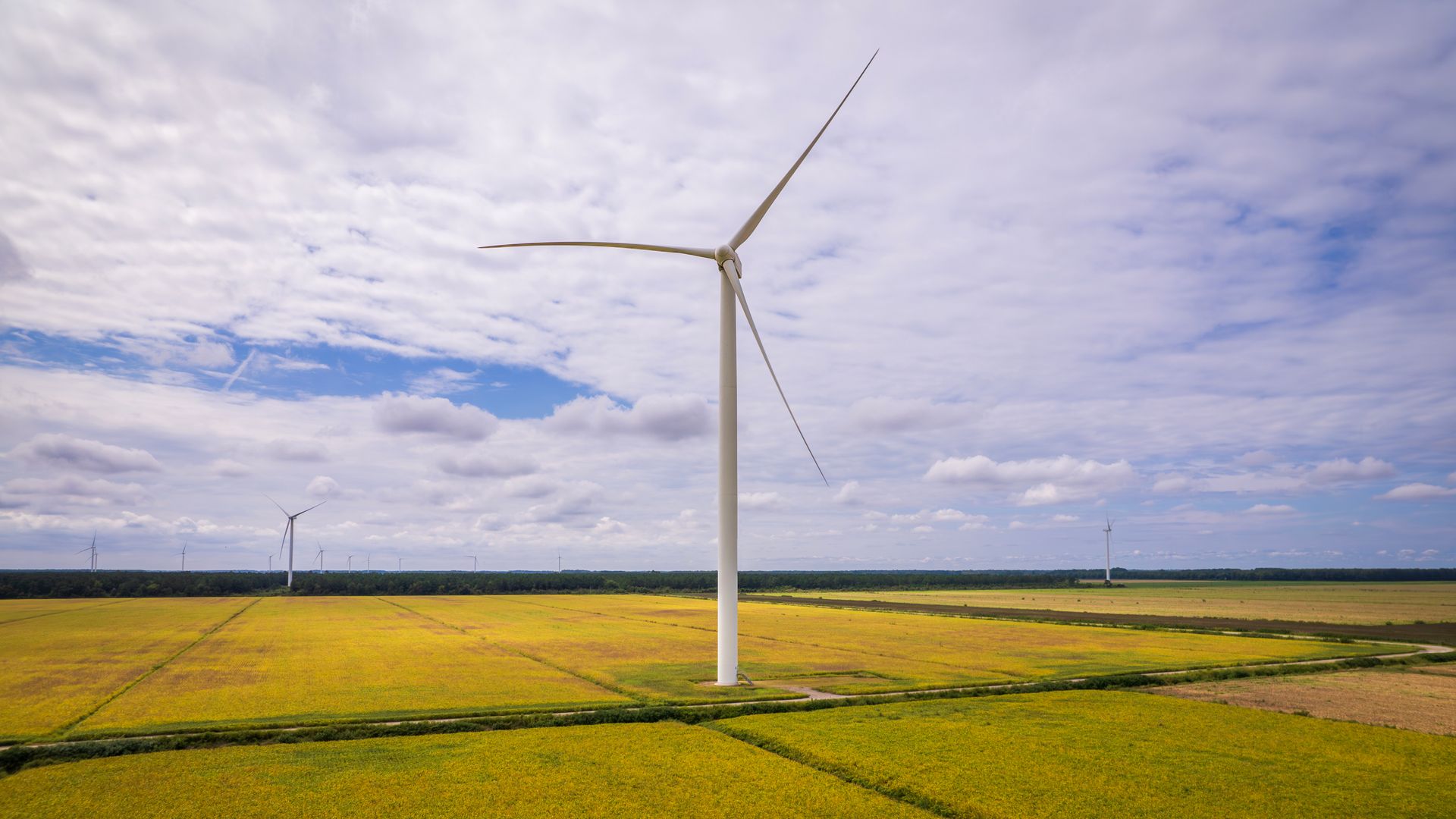 Drone shot of a wind turbine in a field, highlighting renewable energy in rural North Carolina.