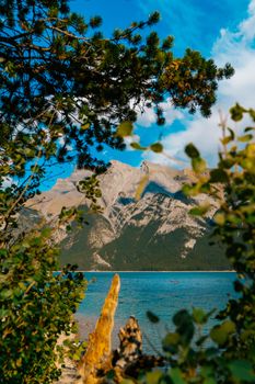 Explore the serene beauty of a lake framed by trees and mountains in Banff National Park.
