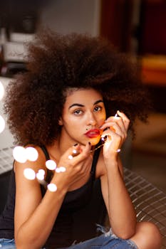 Captivating portrait of a fashionable young woman with an afro hairstyle surrounded by glowing string lights indoors.