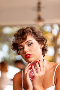 Vintage-inspired portrait capturing a woman with red lips and stylish makeup.