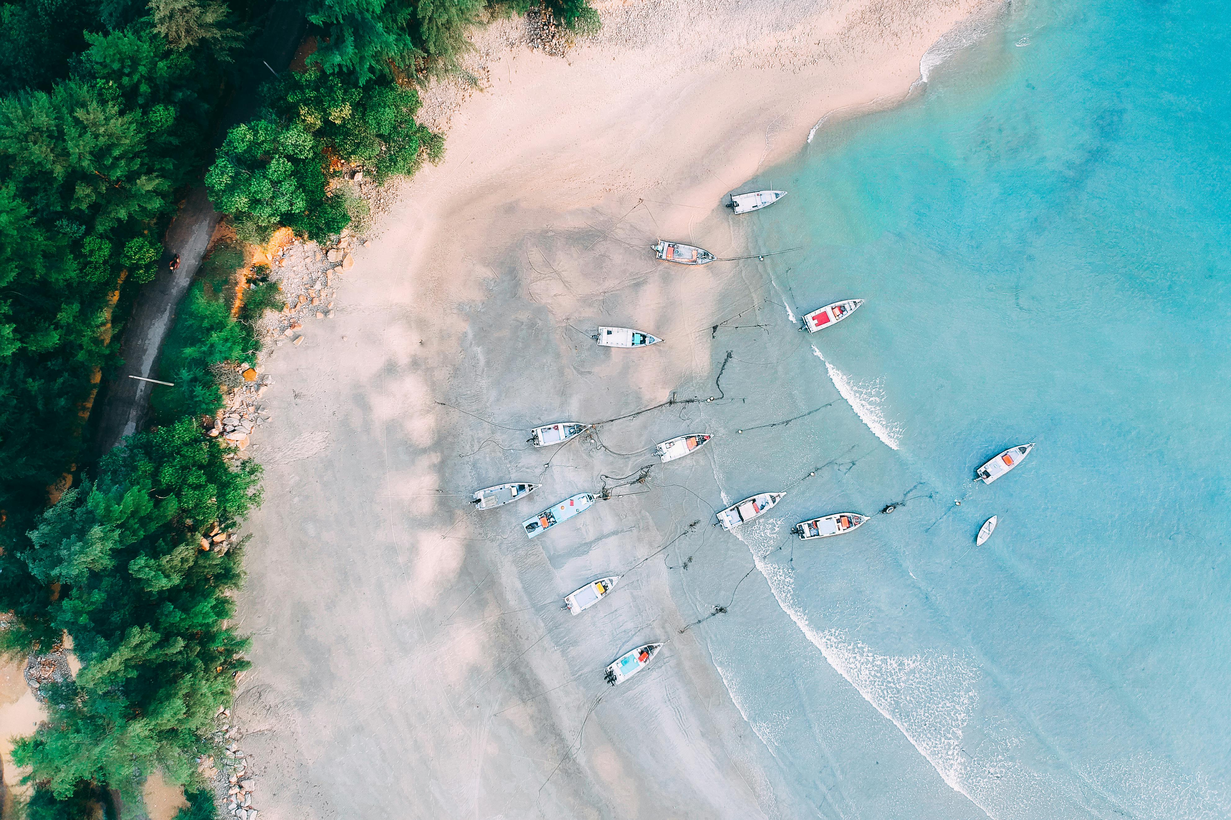 航拍镜头下，停靠在沙滩上的船只，与充满活力的蓝色海水和郁郁葱葱的绿树相映成趣