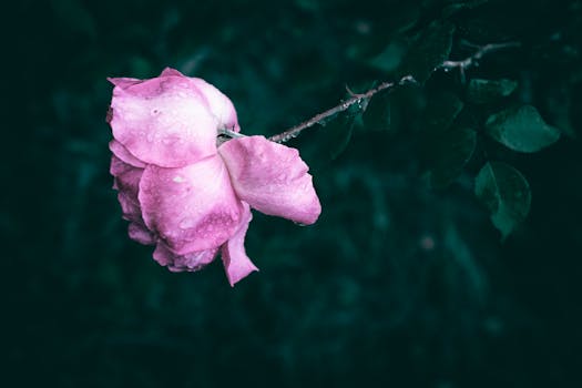 Close-up of a pink rose with water droplets against a dark, moody background.